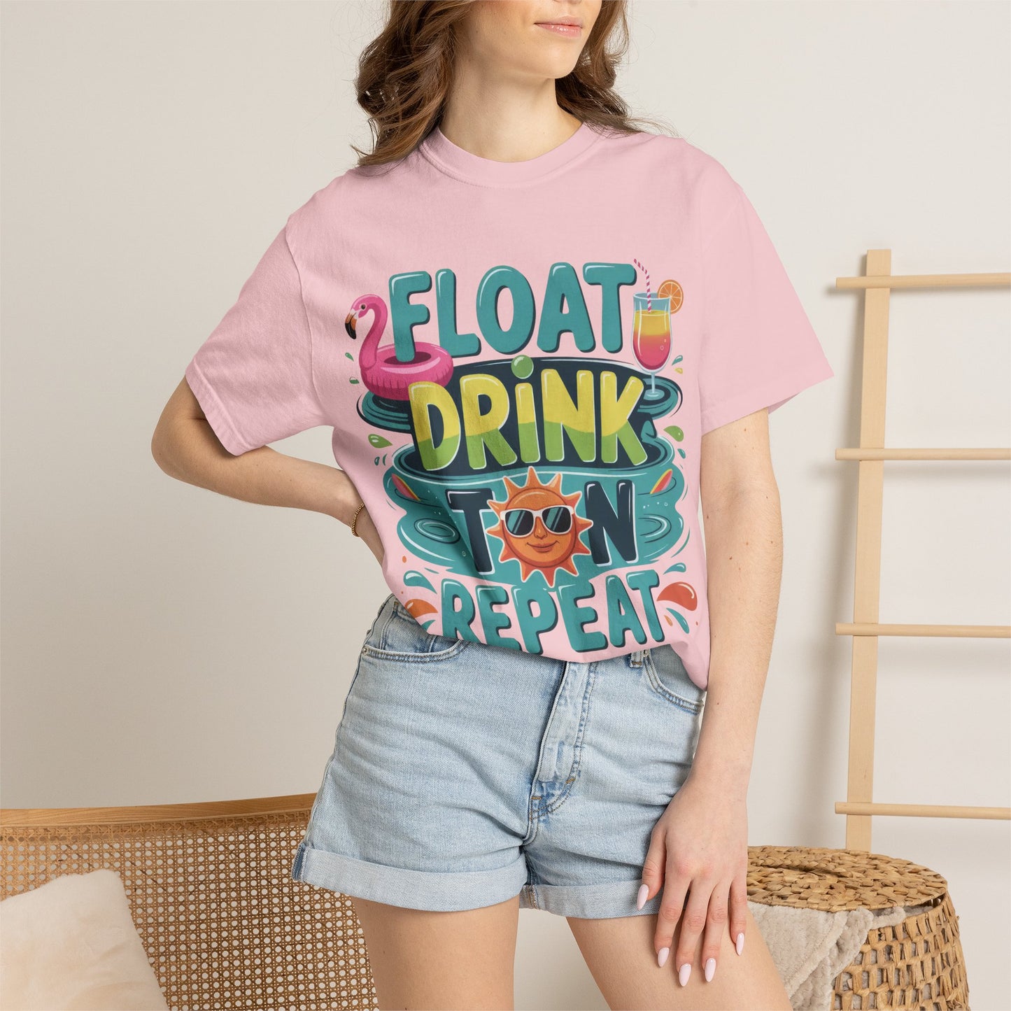 Float Drink Tan Repeat T-Shirt — Summer Pool Party Graphic Tee