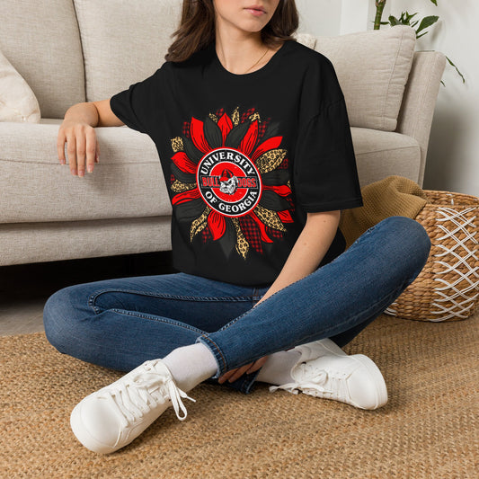 University of Georgia Sunflower Tee — Red & Leopard Floral Fan Shirt