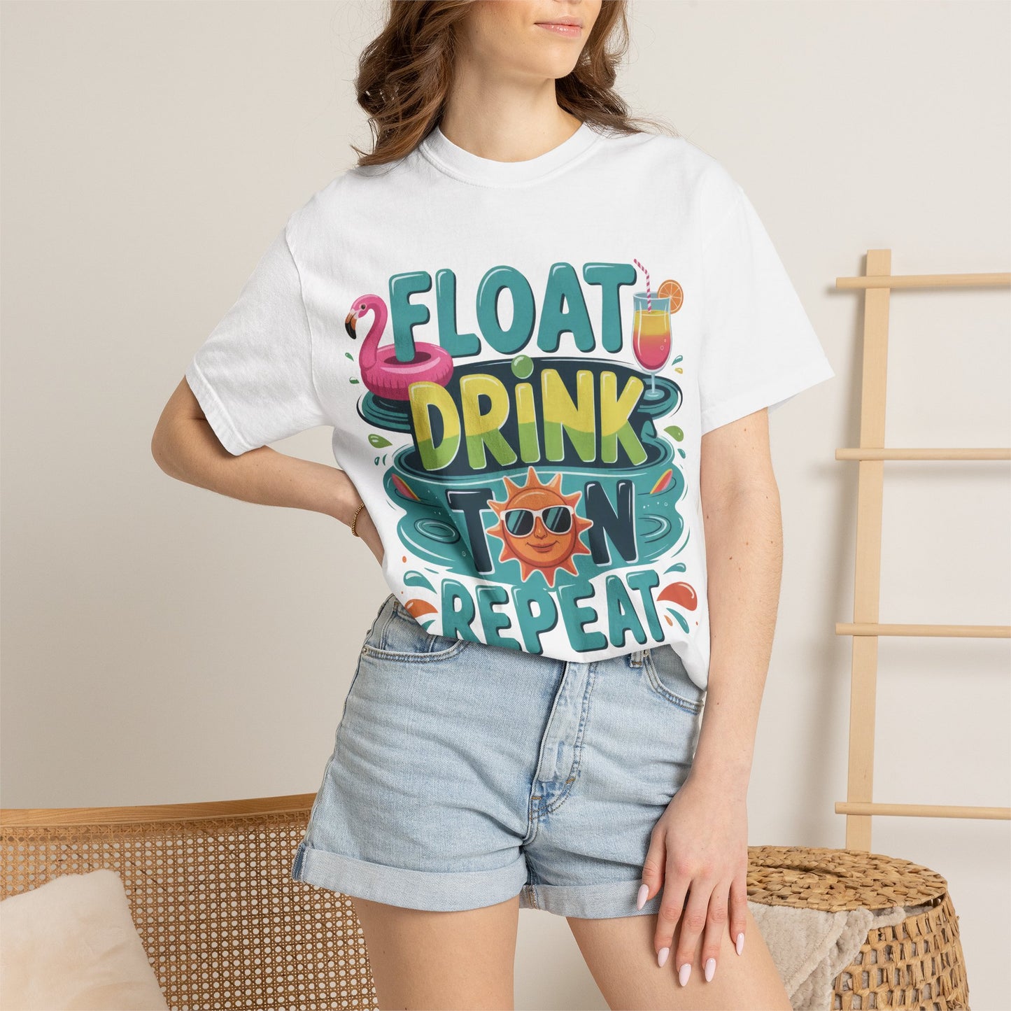 Float Drink Tan Repeat T-Shirt — Summer Pool Party Graphic Tee