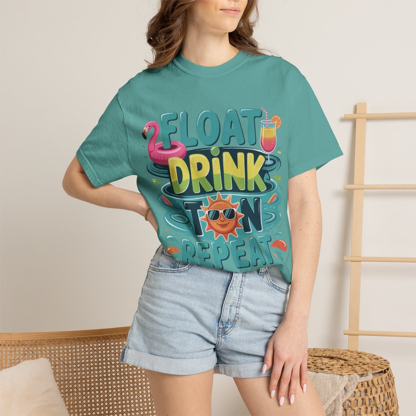 Float Drink Tan Repeat T-Shirt — Summer Pool Party Graphic Tee