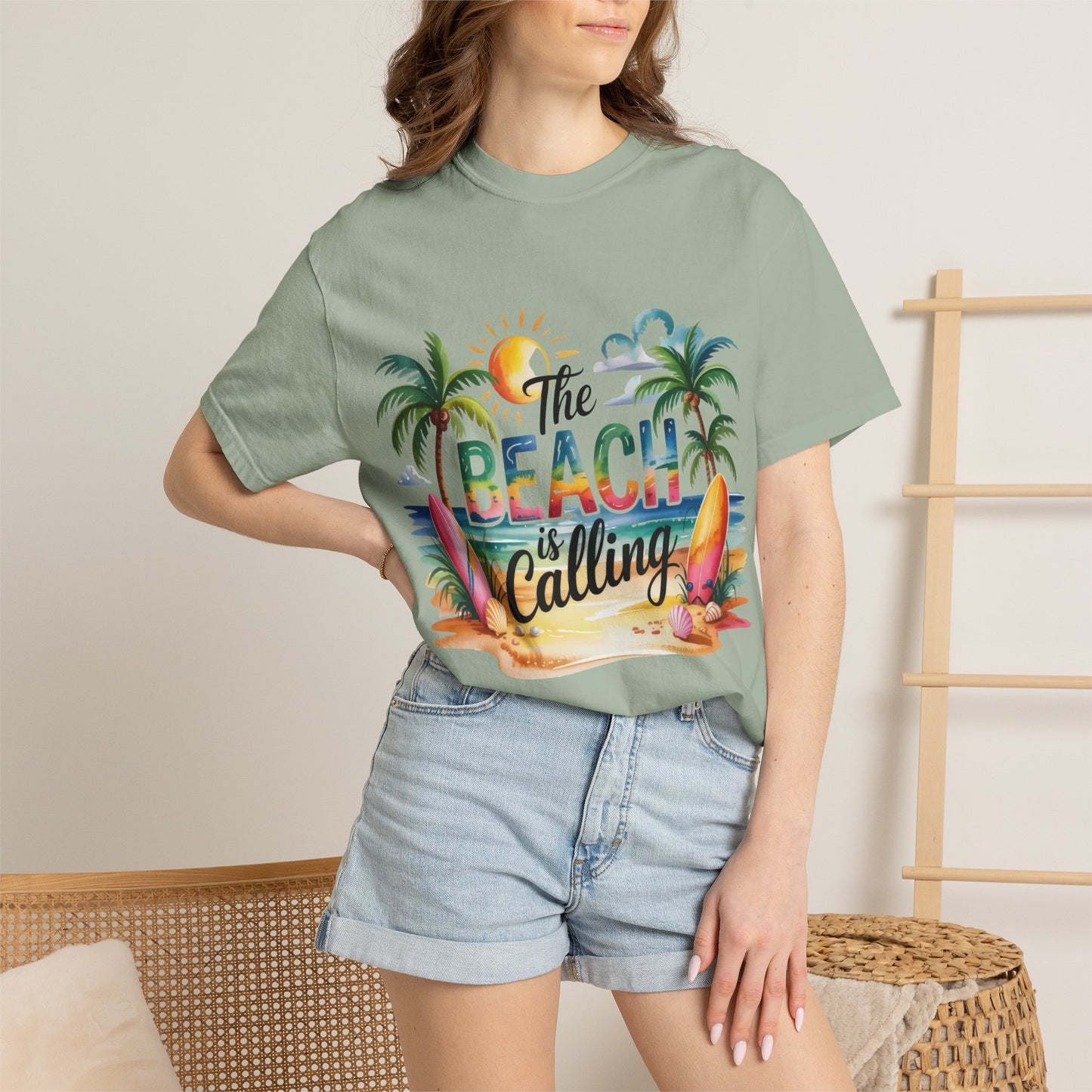 Beach T-Shirt — "The Beach Is Calling" Tropical Surf Graphic Tee