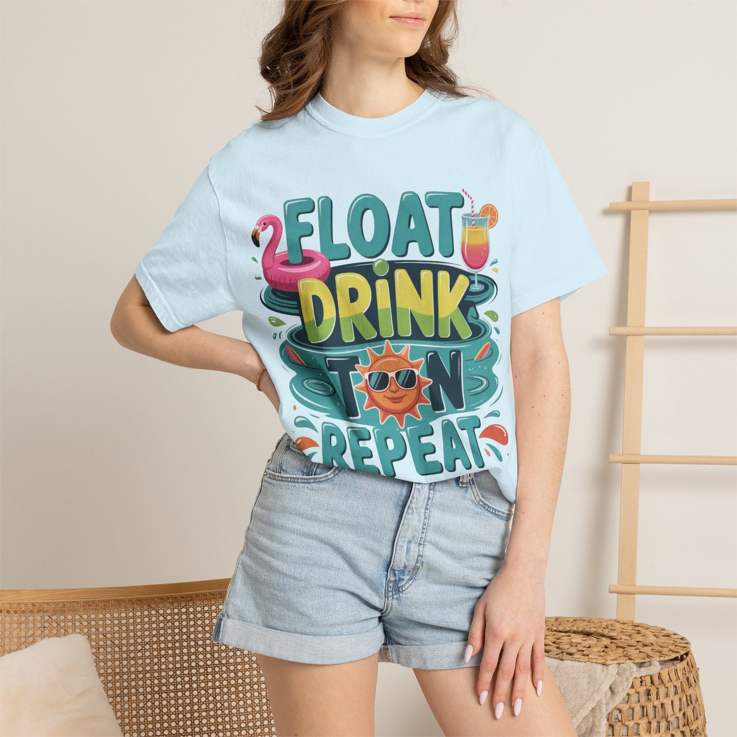Float Drink Tan Repeat T-Shirt — Summer Pool Party Graphic Tee