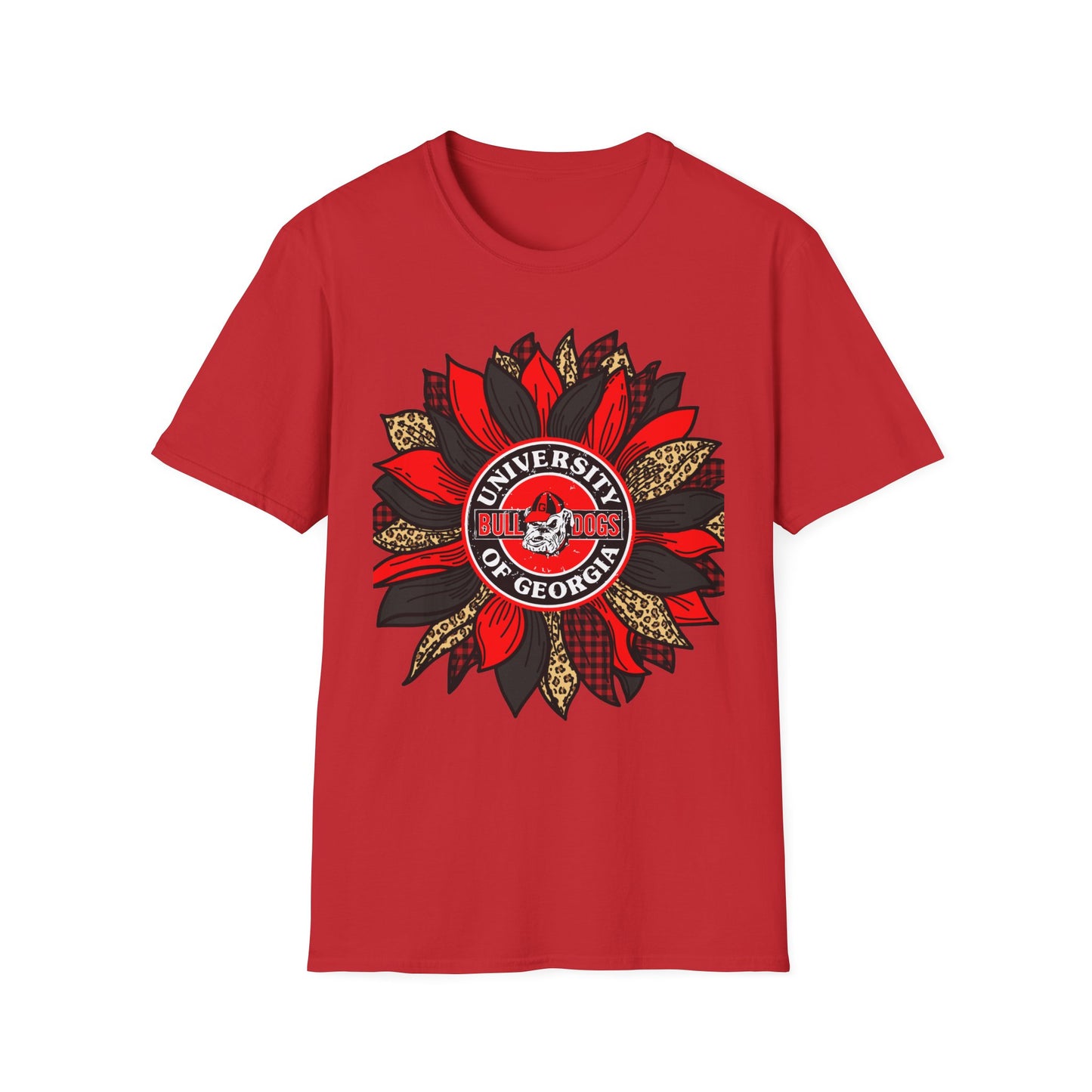 University of Georgia Sunflower Tee — Red & Leopard Floral Fan Shirt