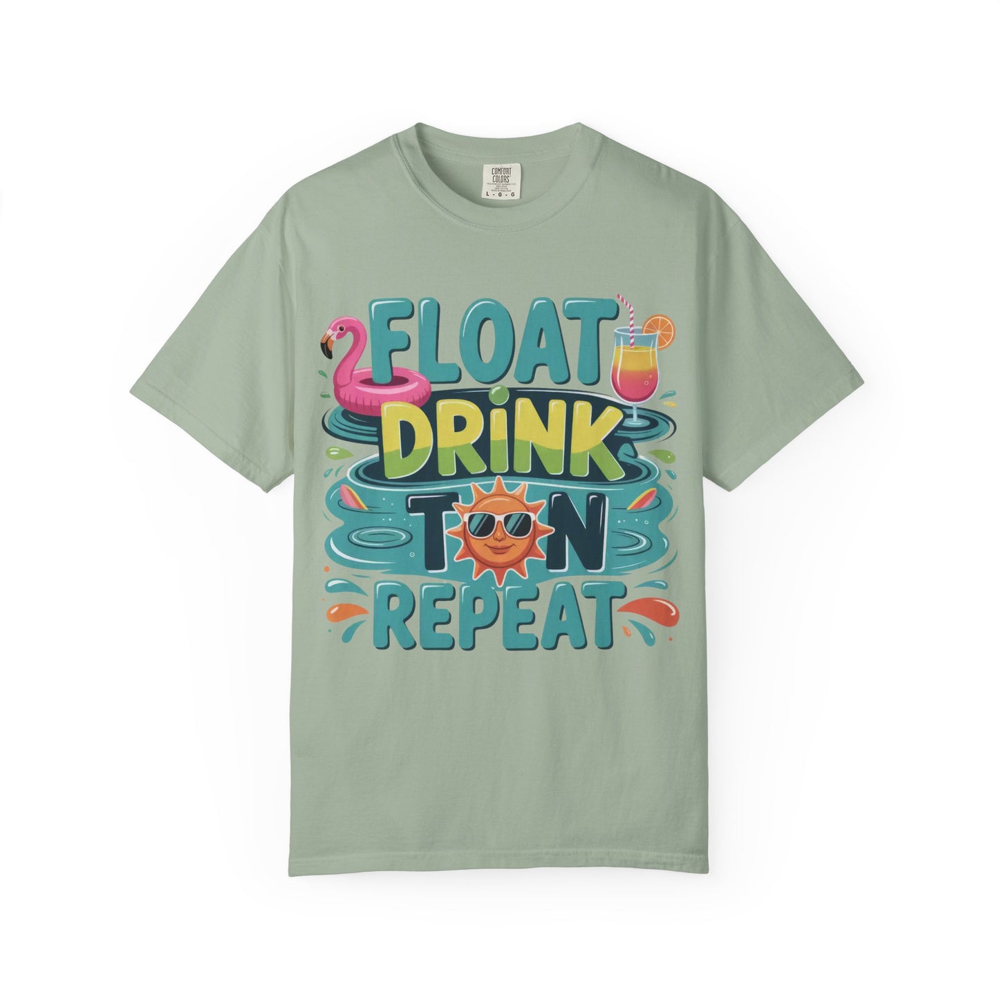 Float Drink Tan Repeat T-Shirt — Summer Pool Party Graphic Tee