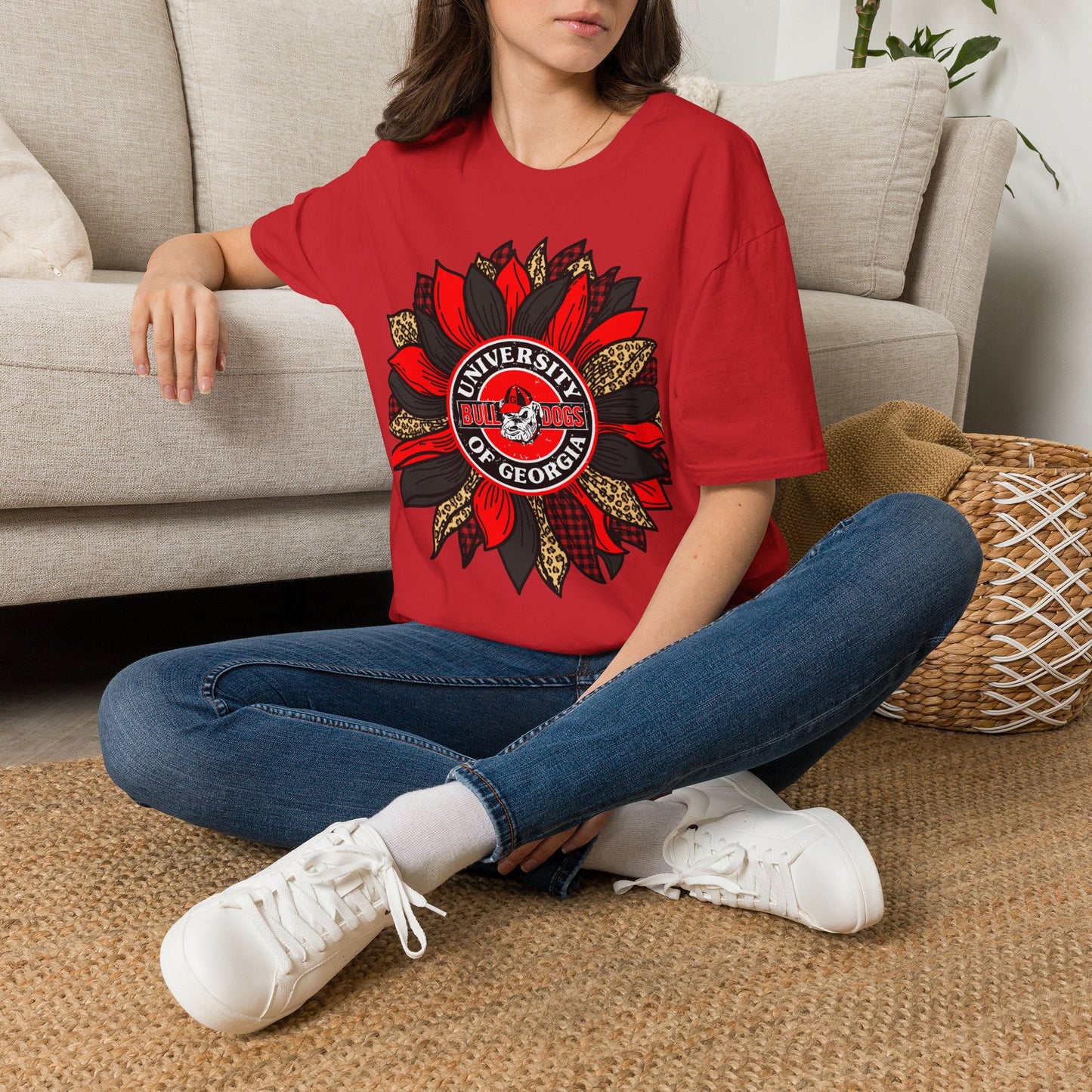 University of Georgia Sunflower Tee — Red & Leopard Floral Fan Shirt