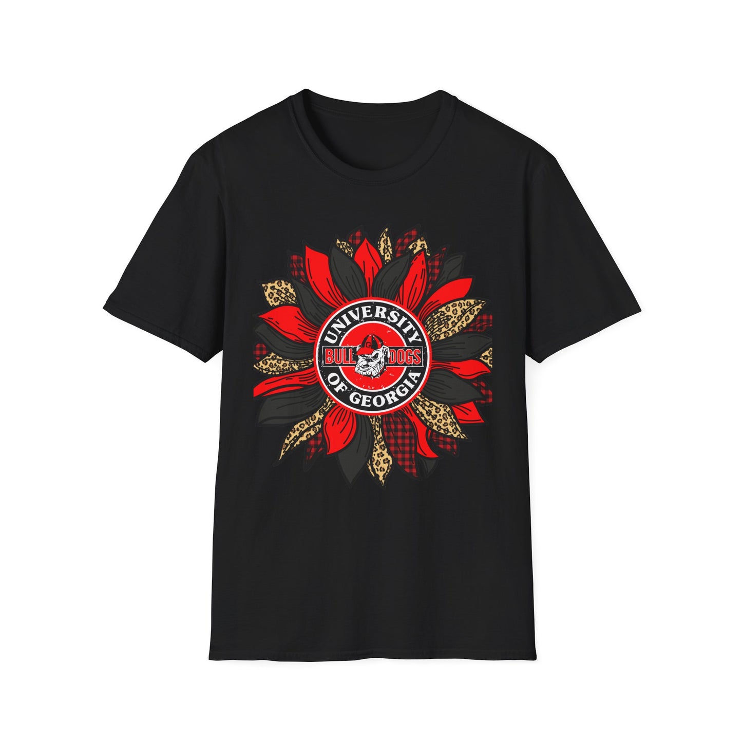 University of Georgia Sunflower Tee — Red & Leopard Floral Fan Shirt
