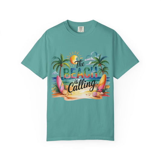 Beach T-Shirt — "The Beach Is Calling" Tropical Surf Graphic Tee