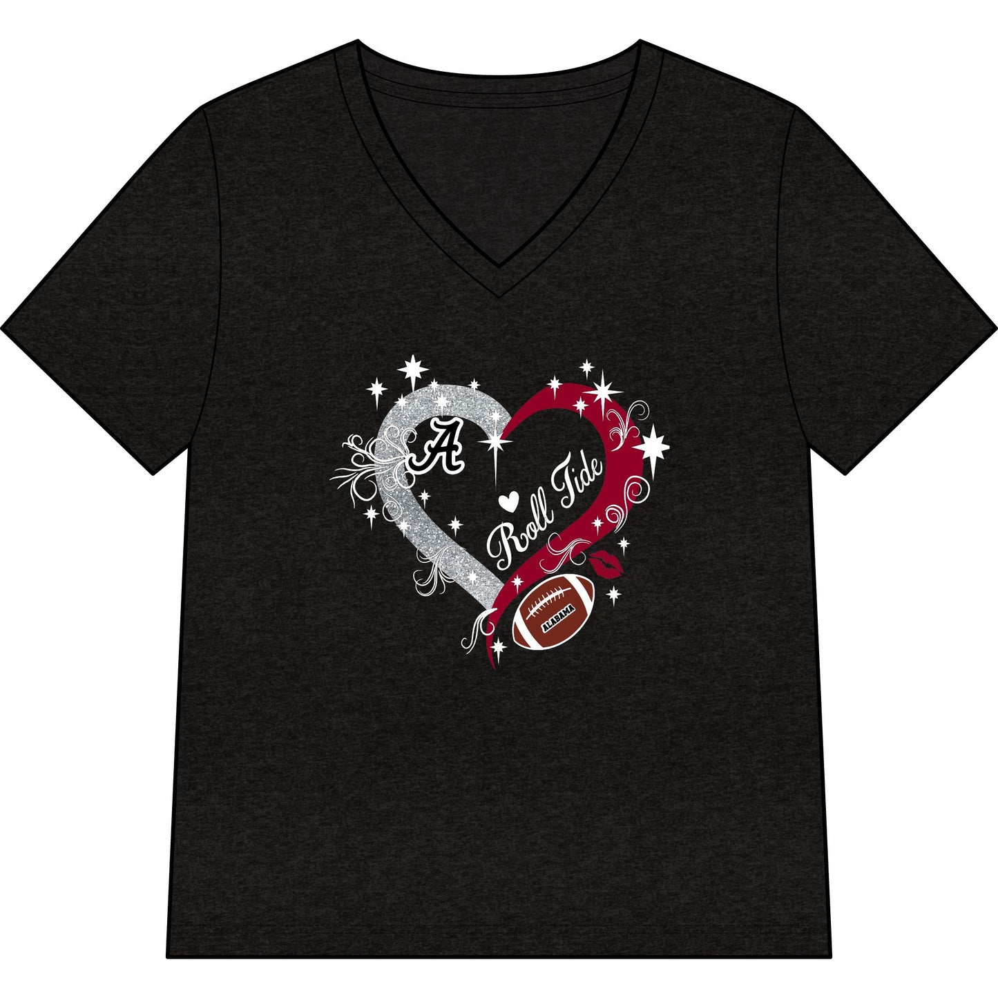 Alabama Football Heart V-Neck Tee — Women’s Crimson & Gray Game Day Shirt