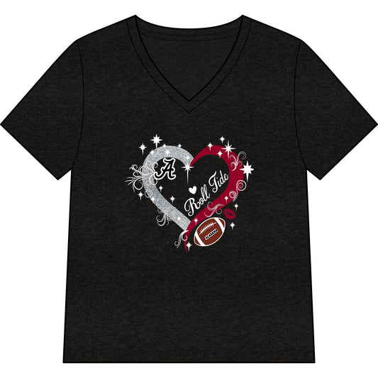 Alabama Football Heart V-Neck Tee — Women’s Crimson & Gray Game Day Shirt