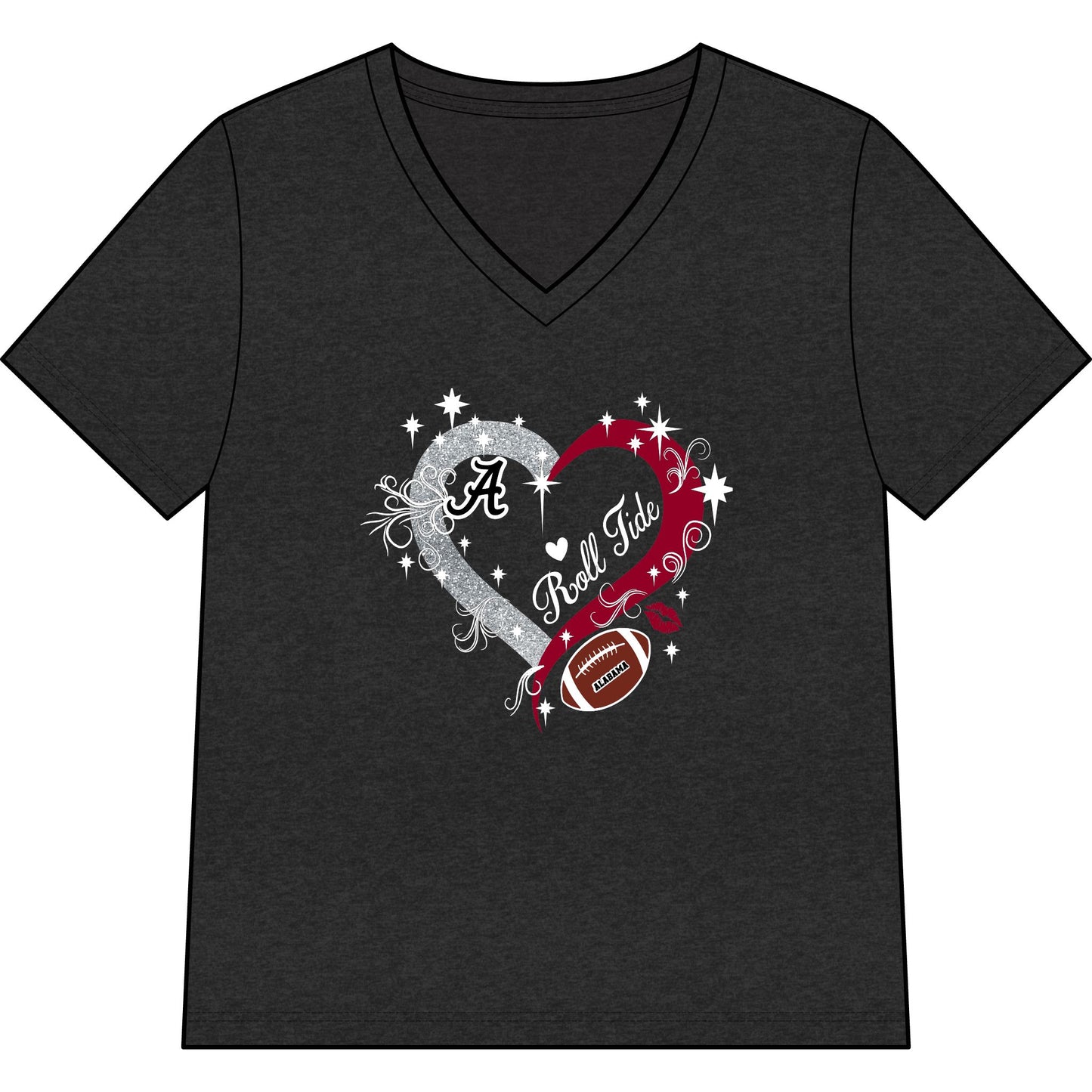 Alabama Football Heart V-Neck Tee — Women’s Crimson & Gray Game Day Shirt
