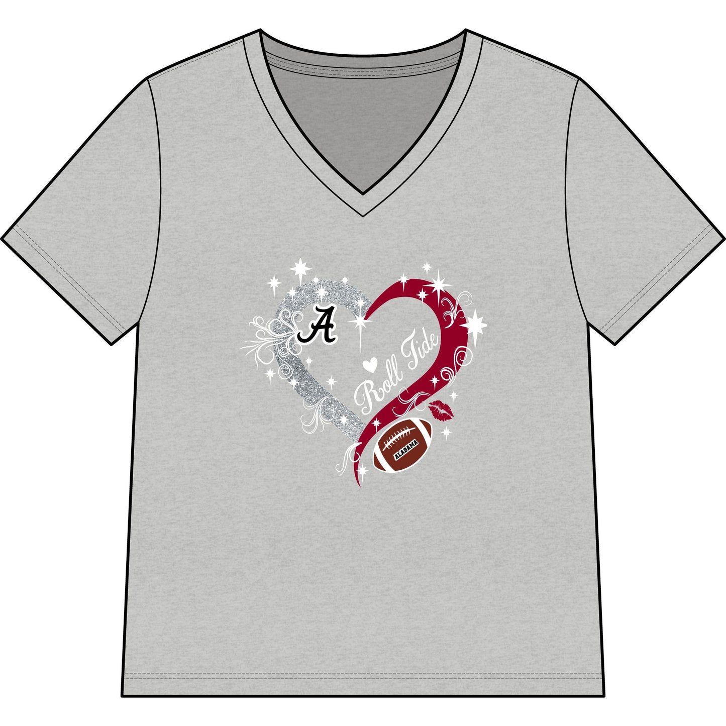 Alabama Football Heart V-Neck Tee — Women’s Crimson & Gray Game Day Shirt