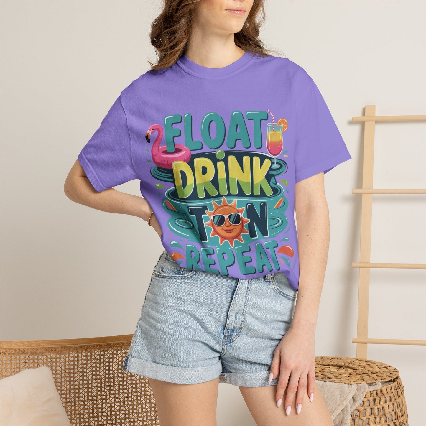 Float Drink Tan Repeat T-Shirt — Summer Pool Party Graphic Tee