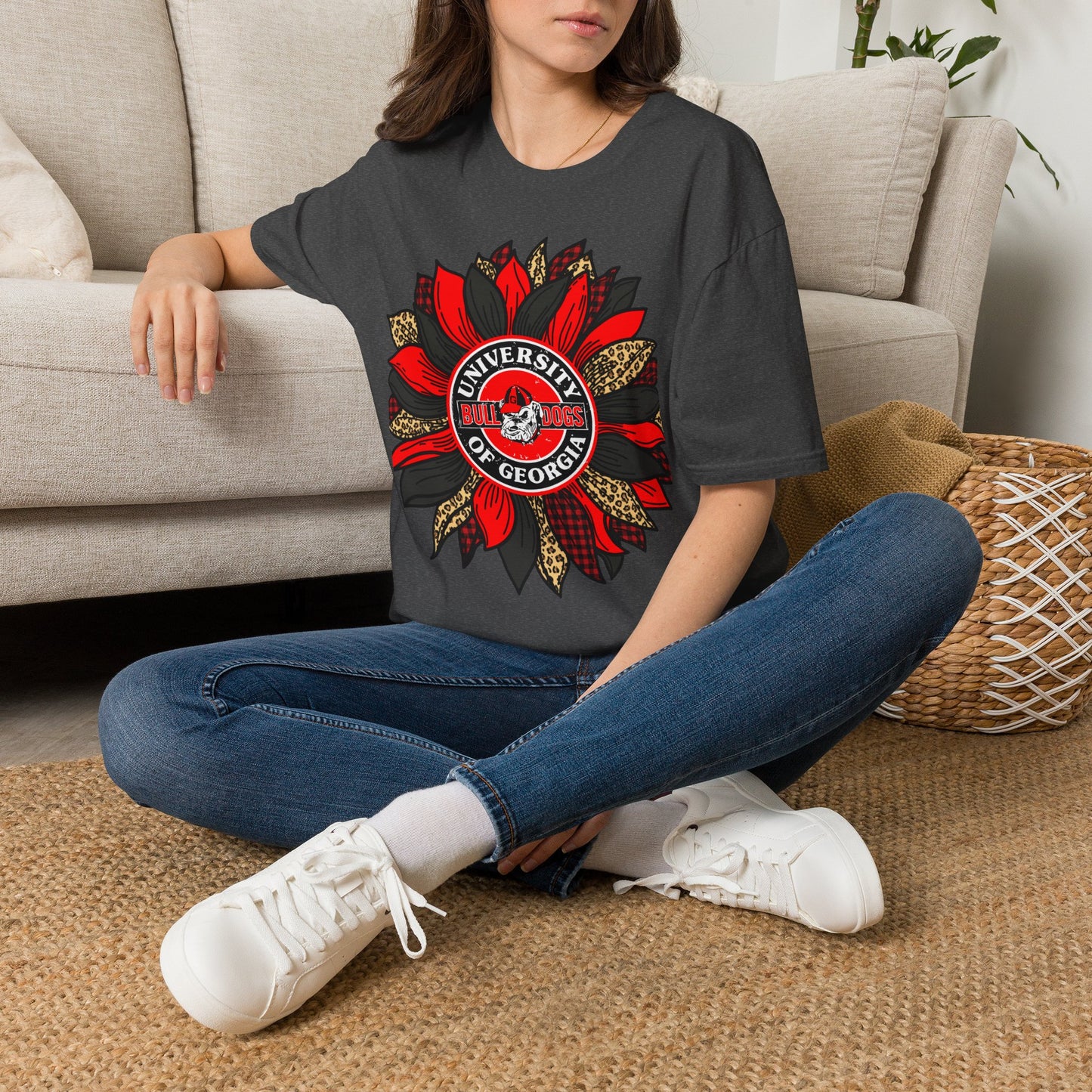 University of Georgia Sunflower Tee — Red & Leopard Floral Fan Shirt
