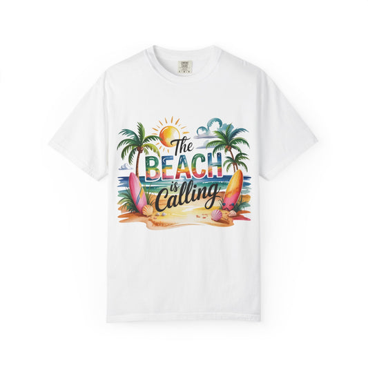Beach T-Shirt — "The Beach Is Calling" Tropical Surf Graphic Tee