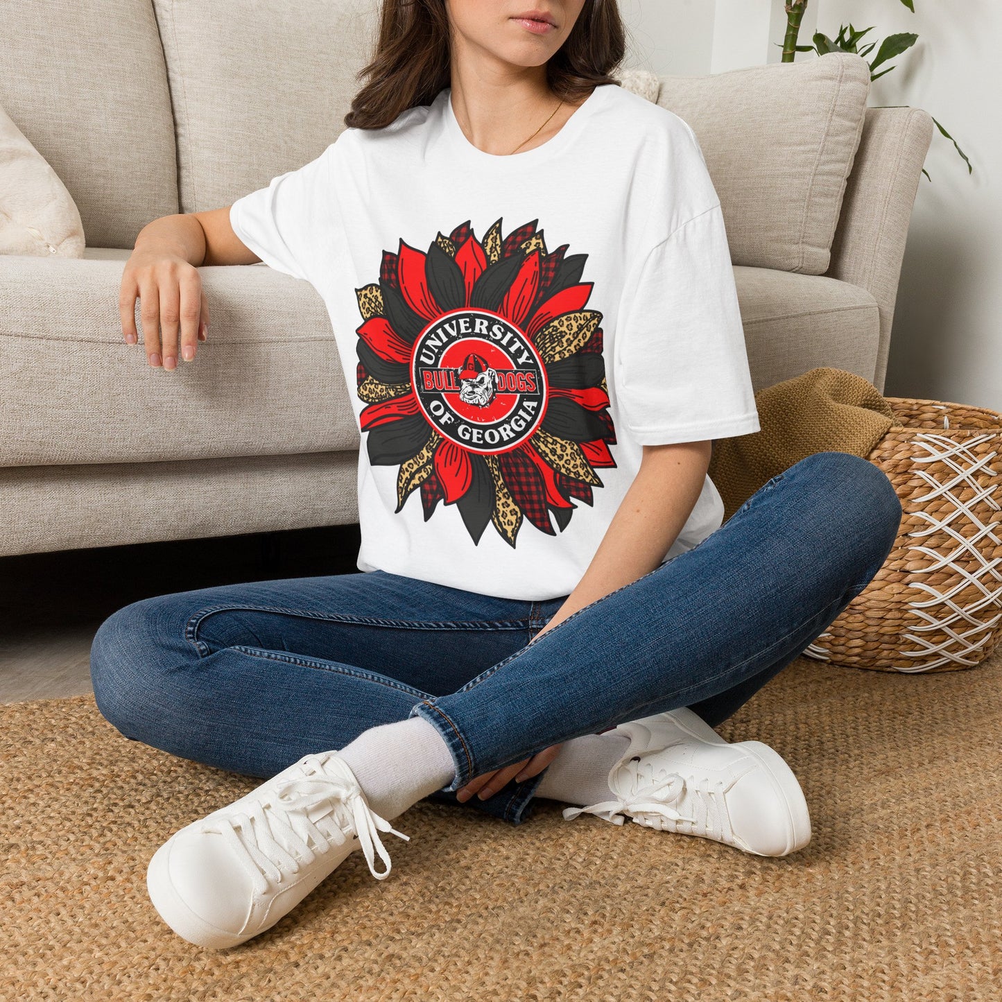 University of Georgia Sunflower Tee — Red & Leopard Floral Fan Shirt