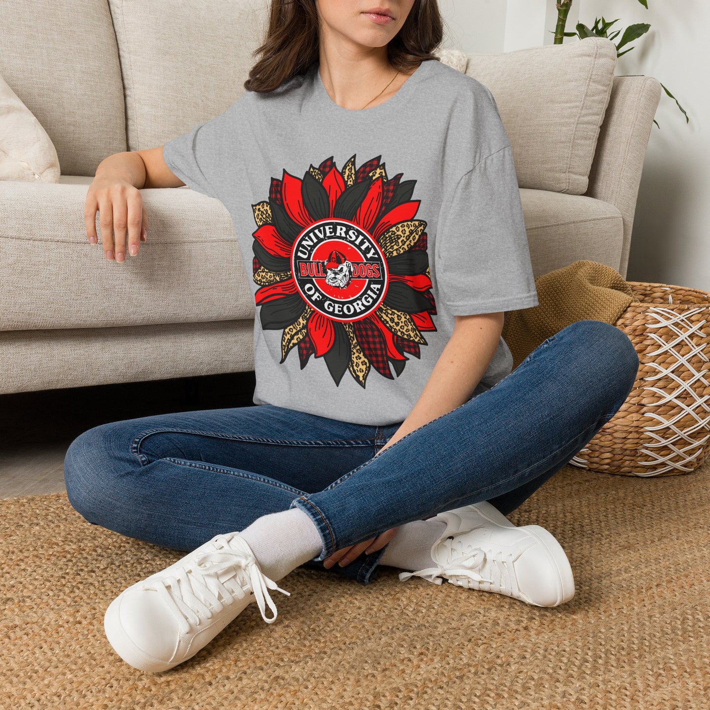 University of Georgia Sunflower Tee — Red & Leopard Floral Fan Shirt