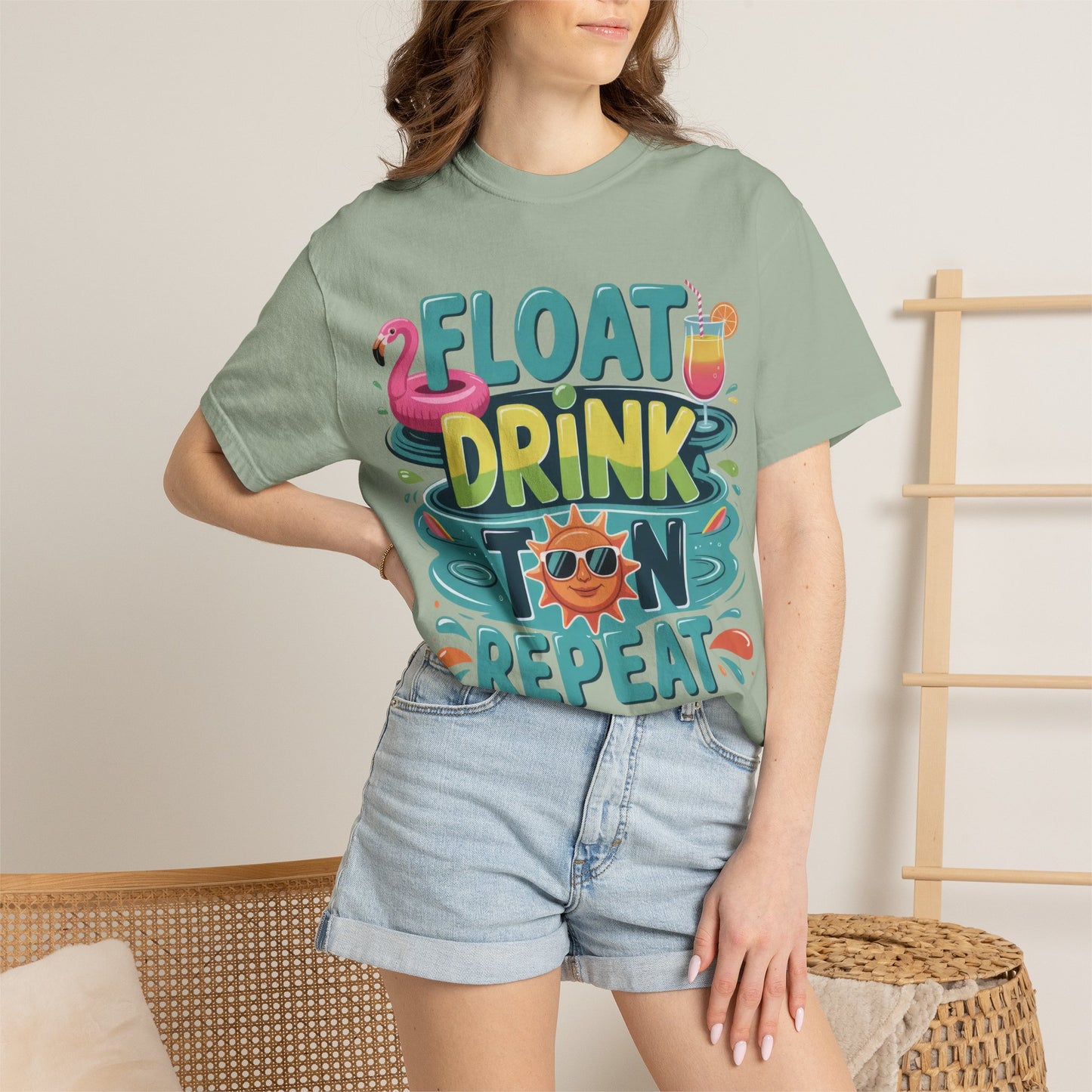 Float Drink Tan Repeat T-Shirt — Summer Pool Party Graphic Tee