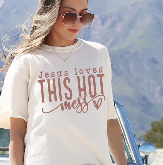 Jesus Loves This Hot Mess Beige Print