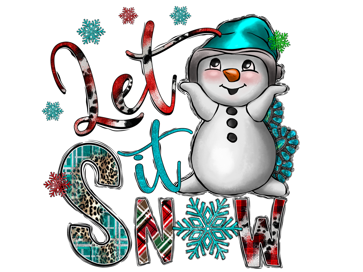 Let it Snow Kids Christmas Print with Snowman and Blue Snowflakes