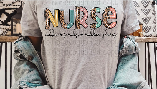 Nurse Colorful Print with Coffee, Scrubs, Rubber Gloves