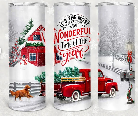 Most Wonderful Time of the Year Snow and Red Truck 20 oz. Tumbler